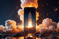 Rocket Launching from Phone: Mobile App Blastoff! Royalty Free Stock Photo