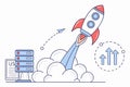 Rocket launching from a server, symbolizing growth and innovation in technology and data management, with a paper plane Royalty Free Stock Photo