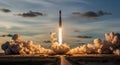 Rocket Launching into the Sky with Dramatic Smoke Plumes at Sunset space spaceship Royalty Free Stock Photo