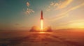 Rocket Launching Into Sky With Sun in Background Royalty Free Stock Photo