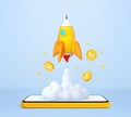 Rocket launching from smartphone with dollar coins. Business start-up concept. Vector 3d illustration Royalty Free Stock Photo