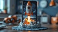Rocket Launching from Smartphone in a Dreamy Scene Royalty Free Stock Photo