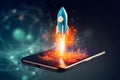 Rocket launching from smartphone, innovation and modernity concept Royalty Free Stock Photo