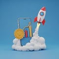 Rocket Launching from a Smartphone Screen with Growth Chart and Medal mobile phone technology Royalty Free Stock Photo