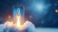 Smartphone displaying rocket launching from cloud, representing digital startup, fast and growth, mobile technology success Royalty Free Stock Photo