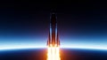 Rocket Launching Into Space With Flames and Earth Below Royalty Free Stock Photo
