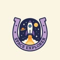 Rocket Launching Into Space Graphic in Horseshoe Frame with Stars Royalty Free Stock Photo