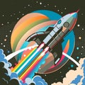 A rocket leaving behind a rainbow trail flies through outer space. Royalty Free Stock Photo