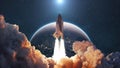 Rocket lift off. Space shuttle with smoke and blast takes off into space on a background of blue planet earth with sunlight. Royalty Free Stock Photo