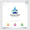 Rocket logo design with letter envelope concept and rocket icon. Messages vector used for chat, app, technology and software