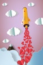 Rocket with a lot of hearts launch to the colorful sky. Love concept Royalty Free Stock Photo