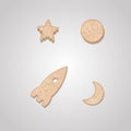 Rocket, moon and star cracker-shaped cookies. Biscuit cookie cracker collection Royalty Free Stock Photo