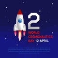 Rocket and number two against a blue sky with stars. Banner World Cosmonautics Day