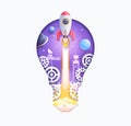 Space galaxy with cartoon rocket leaving white trail inside paper cut light bulb shap