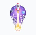 Space galaxy with cartoon rocket leaving white trail inside paper cut light bulb shap Royalty Free Stock Photo