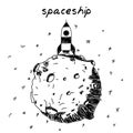 Rocket on a planet hand-drawn illustration. Cartoon vector clip art of a spaceship on an asteroid. Black and white sketch of the
