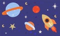 Spaceship flying among celestial objects and stars. Rocket and planet stickers in cosmic design