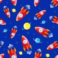 Rocket and planets in space, seamless children pattern, vector