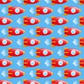 Rocket and planets in space, seamless children regular pattern, red, blue