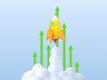 Rocket rising with arrows going up isolated on blue background. Personal and career development. Concept of fast growth and boost