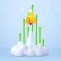 Rocket rising with arrows going up isolated on blue background. Personal and career development. Concept of fast growth and boost