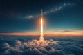 Rocket ship ascending through clouds at sunset with the milky way and stars in the background Royalty Free Stock Photo