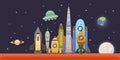 Rocket ship in cartoon style. New Businesses Innovation Development Flat Design Icons Template. Space ships Royalty Free Stock Photo