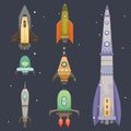 Rocket ship in cartoon style. New Businesses Innovation Development Flat Design Icons Template. Space ships Royalty Free Stock Photo