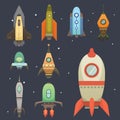 Rocket ship in cartoon style. New Businesses Innovation Development Flat Design Icons Template. Space ships Royalty Free Stock Photo