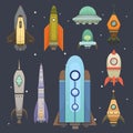 Rocket ship in cartoon style. New Businesses Innovation Development Flat Design Icons Template. Space ships Royalty Free Stock Photo