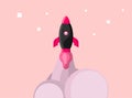 Rocket ship in a flat style. Space rocket launch with trendy flat style smoke clouds. Project start up Royalty Free Stock Photo