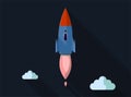Rocket ship in a flat style. Space rocket launch with trendy flat style smoke clouds. Project start up Royalty Free Stock Photo