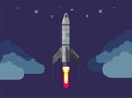 Rocket ship in a flat style. Space rocket launch with trendy flat style smoke clouds. Project start up. Vector illustration. Royalty Free Stock Photo