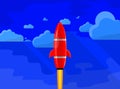 Rocket ship in a flat style. Space rocket launch with trendy flat style smoke clouds. Project start up. Vector illustration. Royalty Free Stock Photo