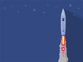 Rocket ship in a flat style. Space rocket launch with trendy flat style smoke clouds. Project start up. Vector illustration. Royalty Free Stock Photo