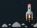 Rocket ship in a flat style. Space rocket launch with trendy flat style smoke clouds. Project start up. Vector illustration.