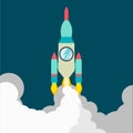 Rocket ship in a flat style.Vector illustration with 3d flying rocket.Space travel to the moon.Space rocket launch Royalty Free Stock Photo