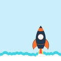 Rocket ship in a flat style.Vector illustration with 3d flying rocket.Space travel to the moon.Space rocket launch.Project start