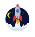 Rocket ship in a flat style.Vector illustration with 3d flying rocket.Space travel to the moon.Space rocket launch.Project start Royalty Free Stock Photo