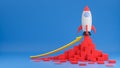 Rocket ship flies up with finance graph chart on blue background.Business startup concept.3d model and illustration Royalty Free Stock Photo