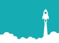 Rocket ship flies up with sky clouds on blue background. Flat icon Royalty Free Stock Photo