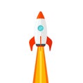 Rocket ship flying isolated on white background vector illustration, flat cartoon design of rocketship launch, missile