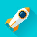 Rocket ship icon in flat style. Spacecraft on color background. Start up illustration. Vector design object for you project