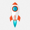 Rocket ship icon in flat style. Spacecraft takeoff on transparent background. Start up illustration. Vector design object