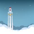 Rocket ship launch. Spaceship flies in the sky with stars Royalty Free Stock Photo