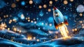 Rocket symbolizing with a light bulb engine launching, dark innovation and startup success ship background copy space Royalty Free Stock Photo