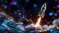 Rocket ship with a light bulb engine launching, symbolizing innovation and startup success dark background copy space Royalty Free Stock Photo