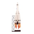 Rocket shuttle takeoff. Rocketship blasting off from spaceport. Spaceship launch to outer space or cosmos. Flat vector