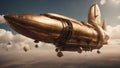 rocket in the sky steampunk space shuttle launching from a giant airship. The shuttle is made of brass, leather, Royalty Free Stock Photo