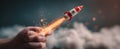 The rocket soaring from a hand sparks imagination and innovation in technology. AI generated image Royalty Free Stock Photo